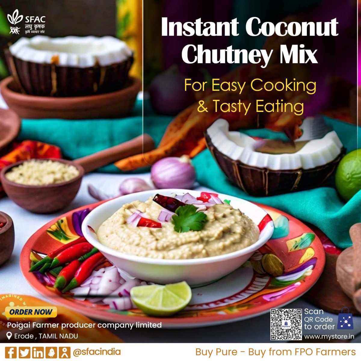 Now, enjoy the unique taste of coconut🥥 chutney readily with this instant mix. A blend of pure grated coconut, spices, & herbs makes your meals delicious.

Buy from FPO farmers at👇

mystore.in/en/product/763…

😋
@AgriGoI @ONDC_Official @PIB_India @mygovindia #VocalForLocal #tasty