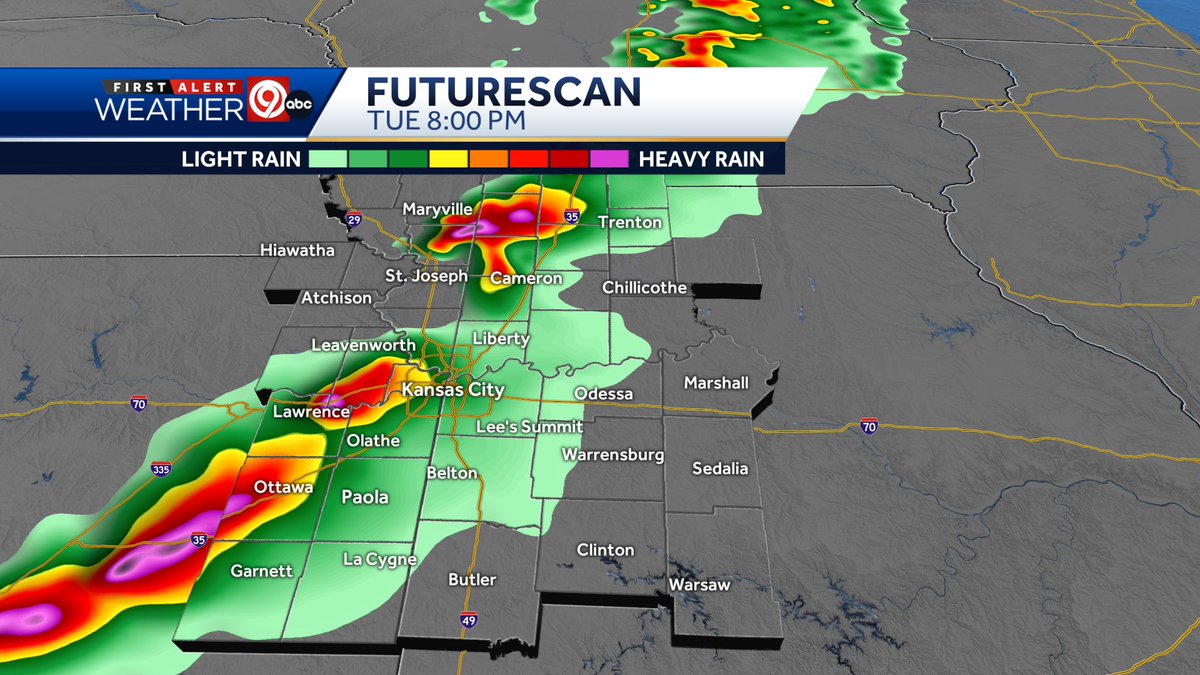 ⚡Scattered severe thunderstorms are possible along & ahead of a cold front this evening. Very large hail (1.75''+) & damaging gusts (70 mph+) are the main threats. A tornado or two can't be ruled out if storms remain discrete near the cold front. #MOwx #KSwx @kmbc