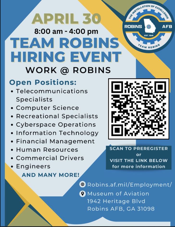 🚨 #GEORGIA TODAY – our PUBLIC hiring event for Robins AFB! robins.af.mil/Employment/ 😀The event is from 8 a.m. to 4 p.m. Details on the flyer! #AFLCMC #NOWHIRING #JOBS #CIVILIAN