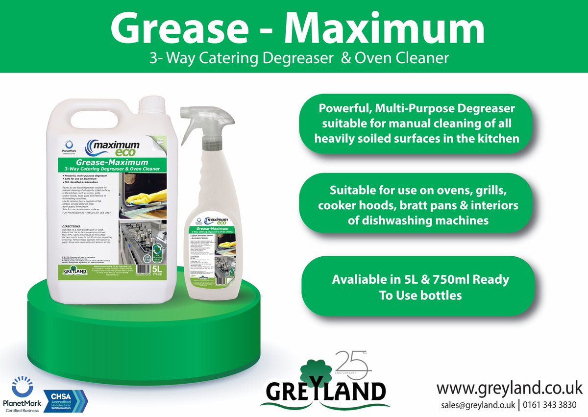 Introducing Grease-Maximum to our Maximum Eco product range ✨ A 3-Way Catering Degreaser & Oven Cleaner suitable for use on a variety of kitchen surfaces. lnkd.in/e3Y2A-eU #greyland #maximumeco #greasemaximum #eco