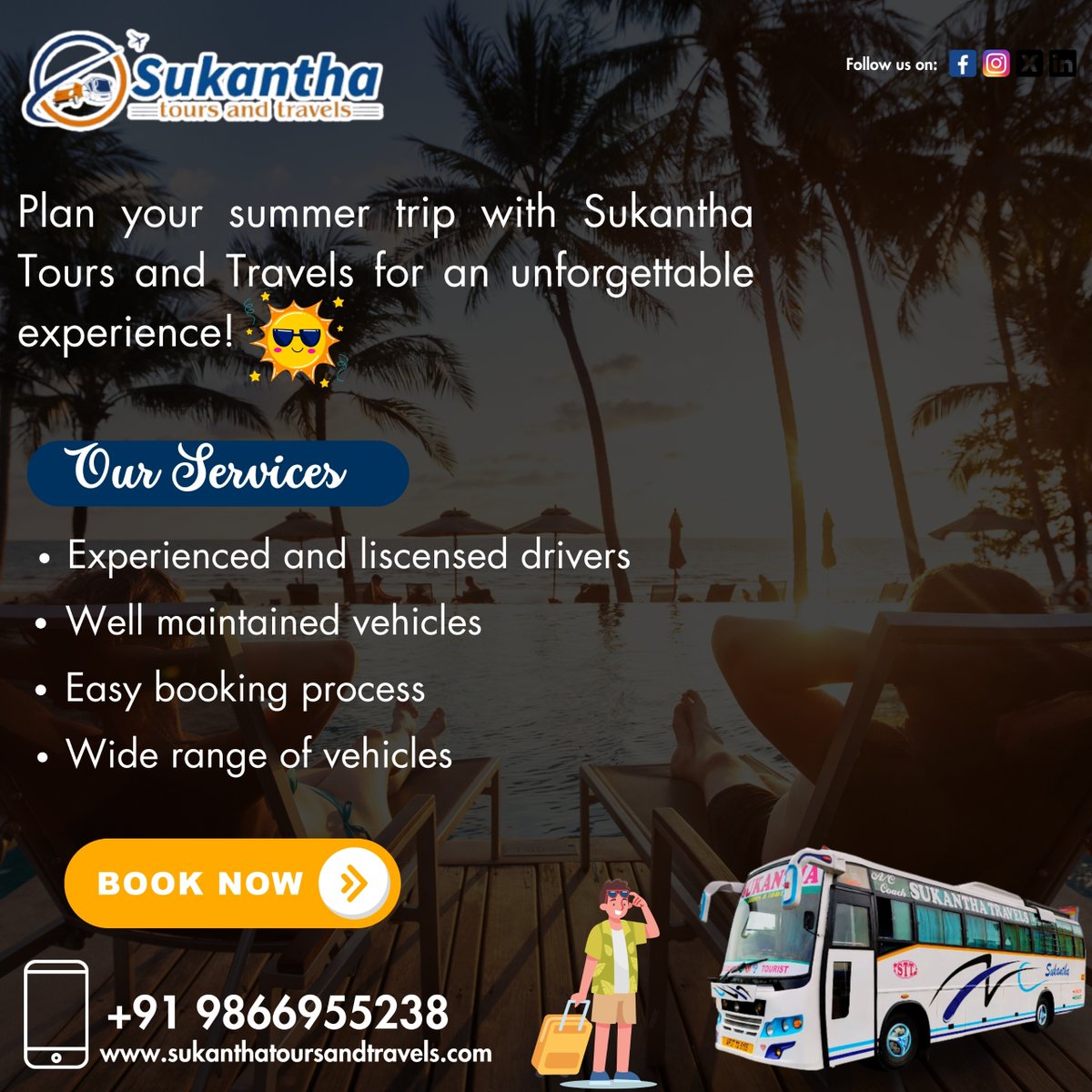 🌞 Plan your summer trip with Sukantha Tours and Travels for an unforgettable experience! 🚗

Our Services:
Experienced and licensed drivers
Well-maintained vehicles
Easy booking process
Wide range of vehicles

📞 Book Now: +91 9866955238

#SukanthaToursAndTravels #SummerTrip