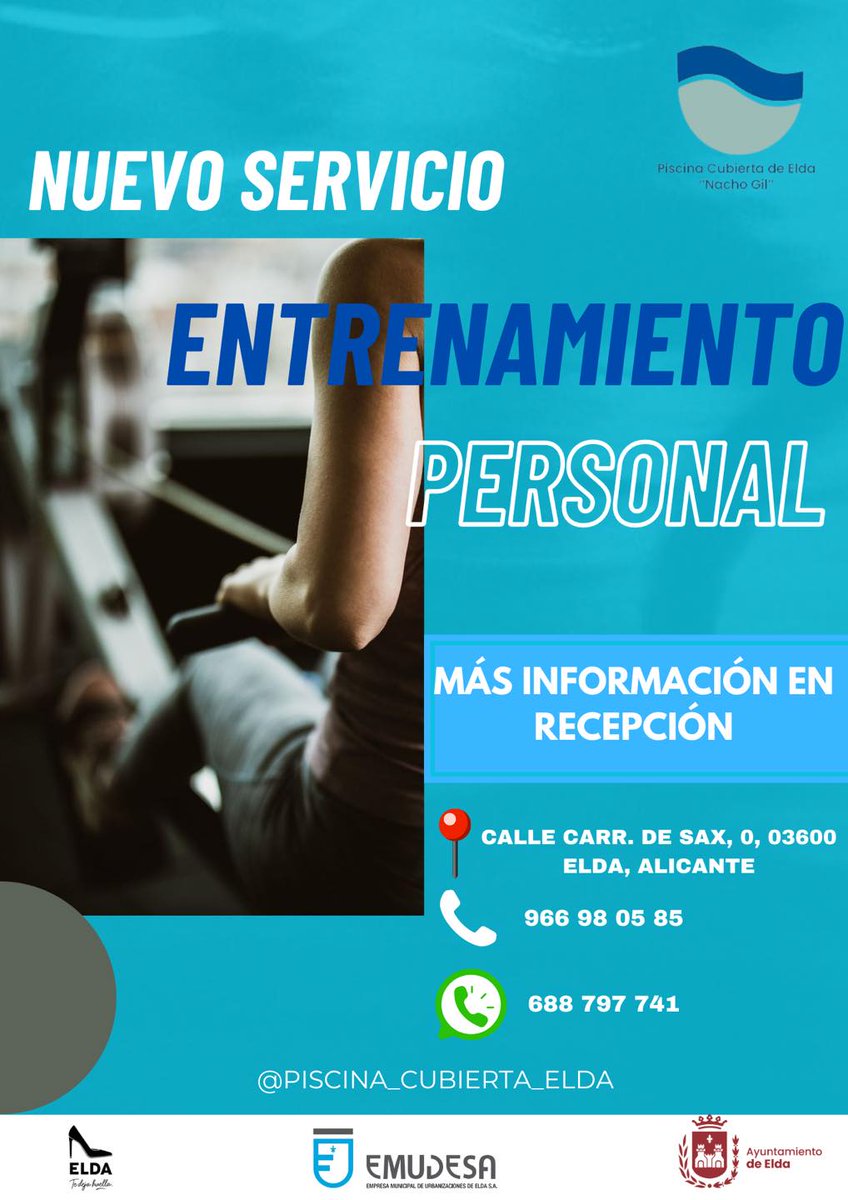 ELDA_PISCINA's tweet image. 📷 Aumentamos los servicios de la Piscina Cubierta Nacho Gil 📷
📷Tenemos nuevo servicio de entrenamiento personal.
📷Infórmate en:
📷Carretera de Sax s/n de Elda.
📷966 98 05 85
📷688 797 741
#Elda #DeporteElda #EntrenamientoPersonal #PersonalTrainer #AyuntamientodeElda #Emudesa