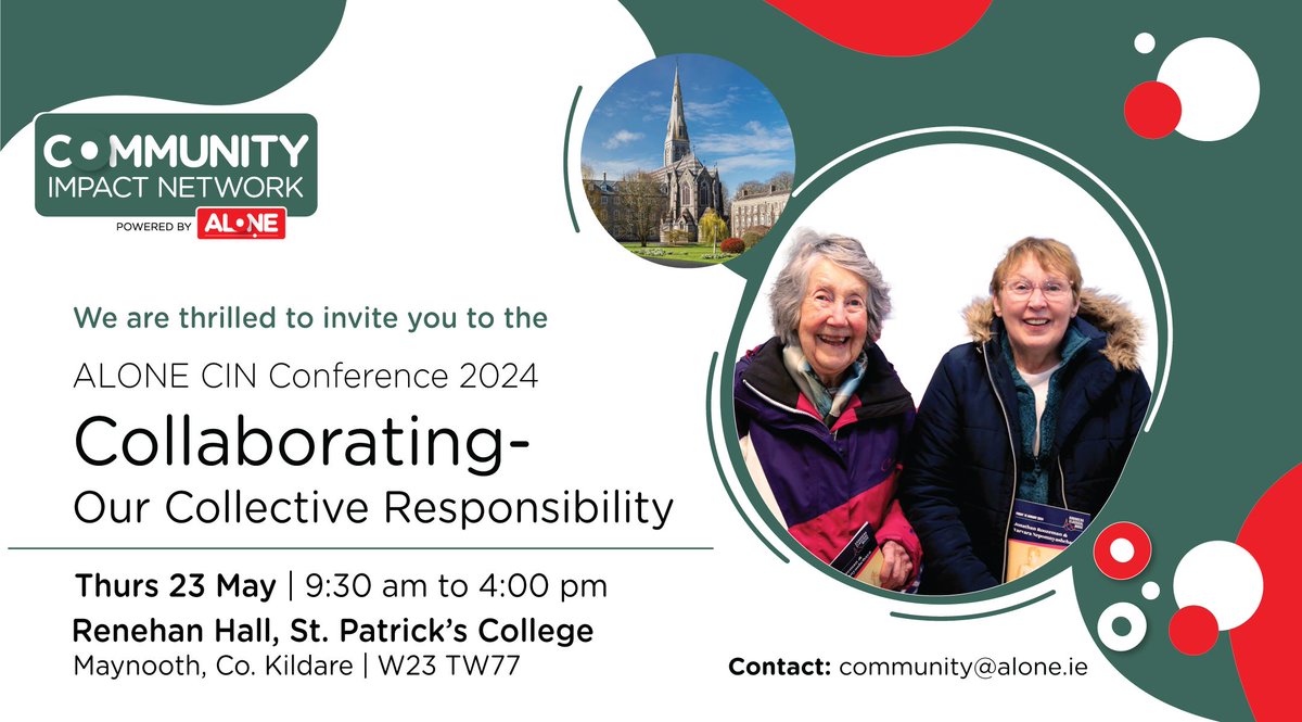 ALONE are delighted to announce that we are holding our CIN Conference on 23rd May in St Patricks College, Maynooth, open to all stakeholders working with older persons. Learn more alone.ie/community-impa… to register. #Collaboration #CINConference2024