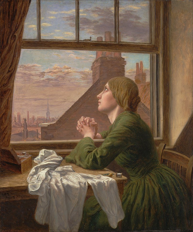 This is Anna Blunden's stunning and powerful 1854 painting, The Seamstress, or For Only One Short Hour!!! #Art #Fineart #19thcentury #Painting #artist #Victorian #Painter #Genrepainting