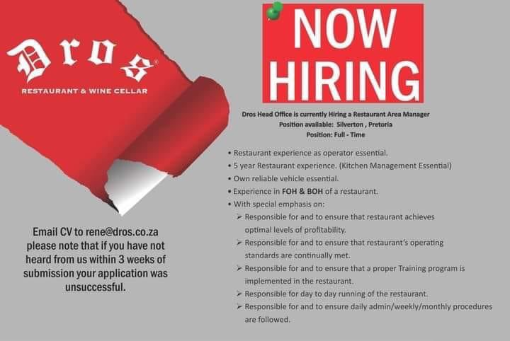 Dros is hiring🔌🔌🔌 [Pretoria - Silverton] ✅Restaurant Area Manager Email cv to: rene@dros.co.za