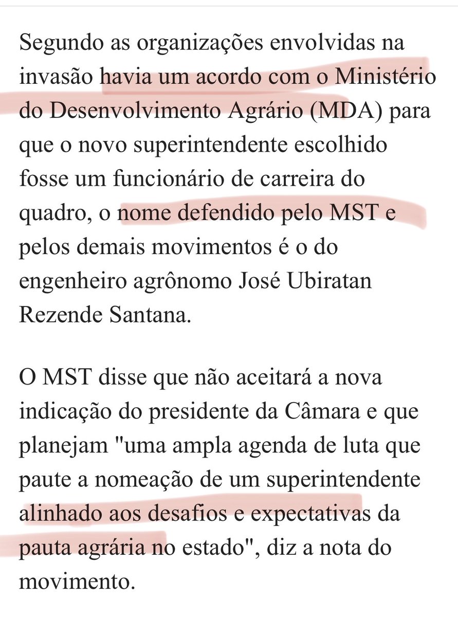 O grupo terrorista MST quer indicar alguém ligado a eles para um cargo público. E falam abertamente que havia um ACORDO com o governo, e por isso não aceitam a indicação de Lira. Eles estão certos. Como assim um governo de corruptos não dá espaço para os colegas? Força, MST!