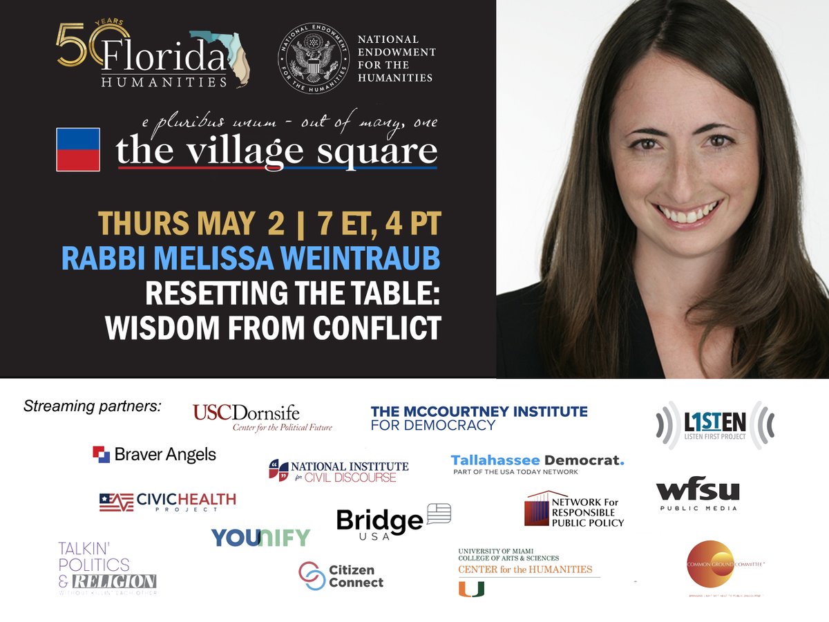 Join us this Thursday (May 2) at 7pm ET, 4 pm PT via Zoom and Facebook Live for 'Resetting the Table: Wisdom from Conflict,' featuring @Resettingtable. Learn more: tlh.villagesquare.us/event/american… & RSVP: resettingthetable.eventbrite.com In partnership with @FlHumanities with support from @NEHgov