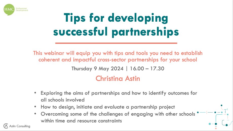ChristinaAstin's tweet image. Delighted as ever to be supporting colleagues leading school #partnerships - "Tips for developing successful partnerships" is an online webinar hosted by @HMCPD 
Thurs 9th May; 4.00 - 5.30
hmcpd.arlo.co/w/courses/898-…
@HMCPD @schoolstogether
