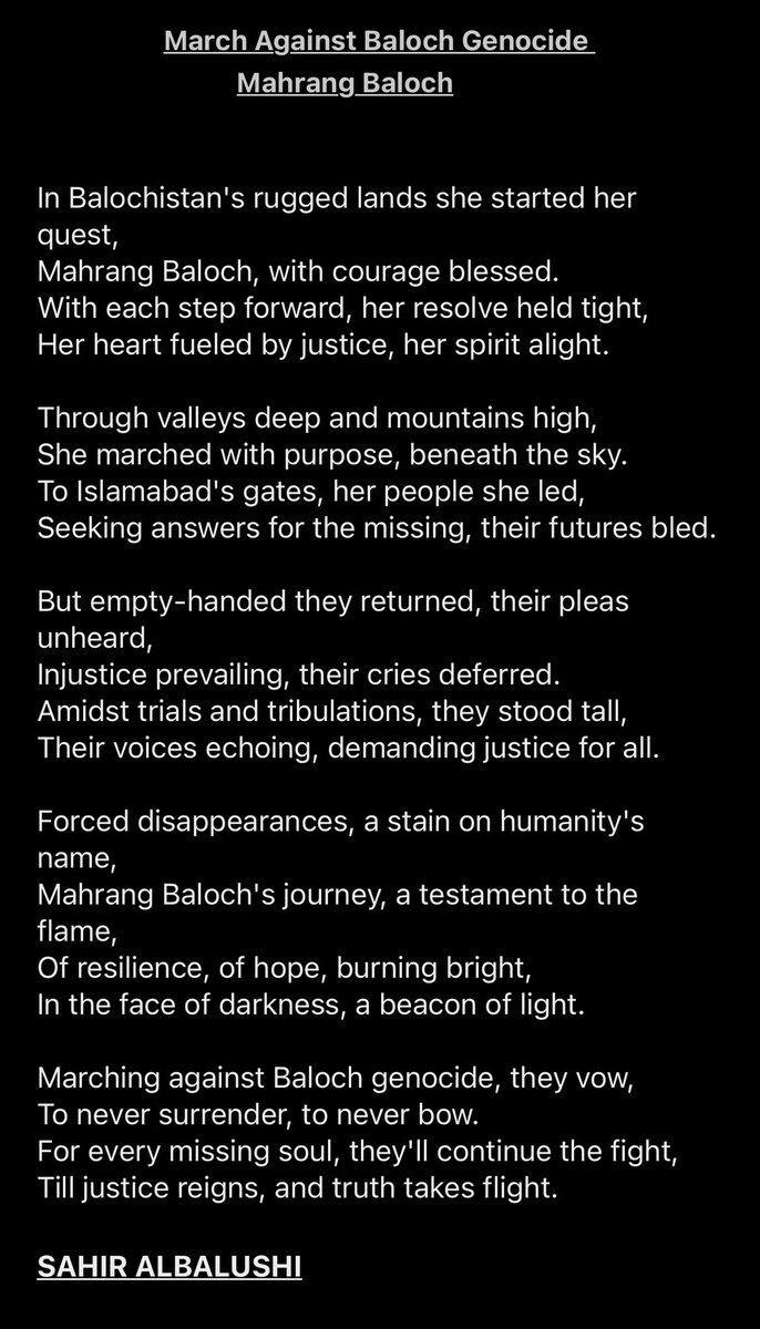 #MahrangBaloch Our Brave @MahrangBaloch_ and the Missing Persons. A Beautiful poem by @sahirAlbalushi