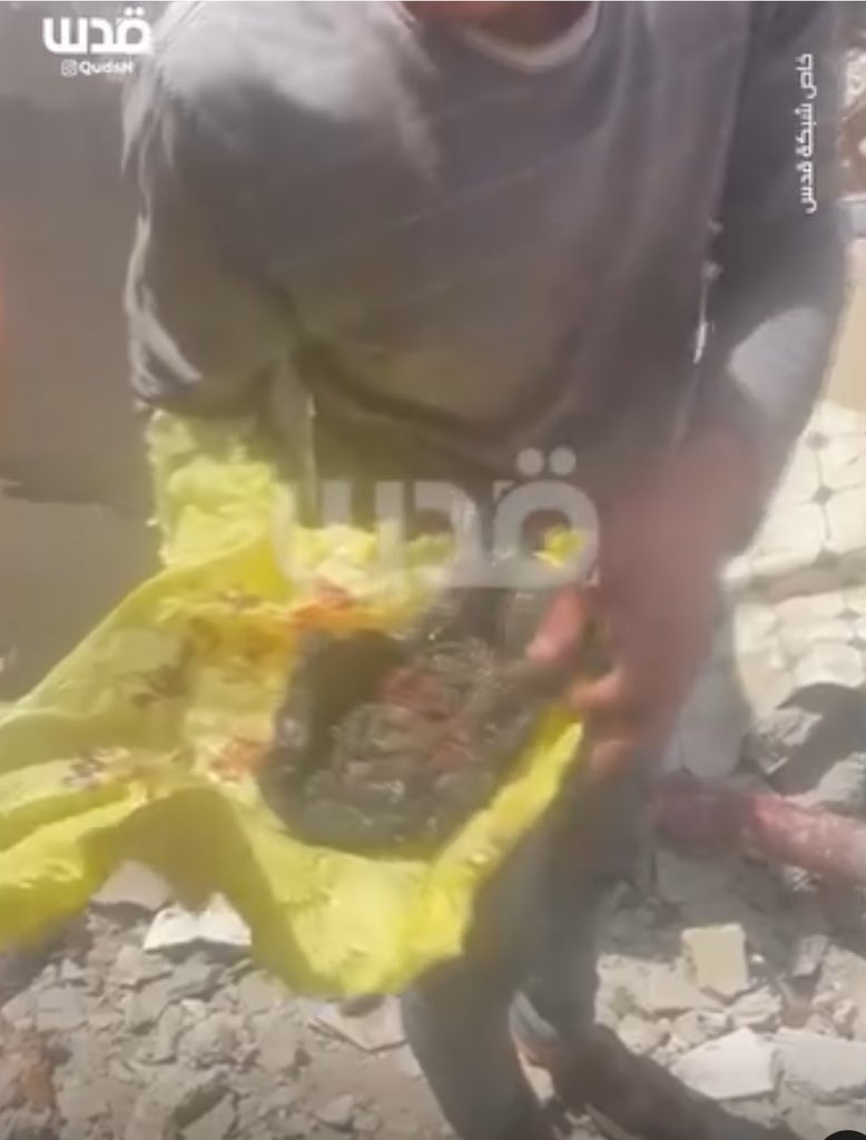 A Palestinian collects the remains of his family's martyrs who died after the bombing of their house in Rafah. #STOPtheGENOCIDE