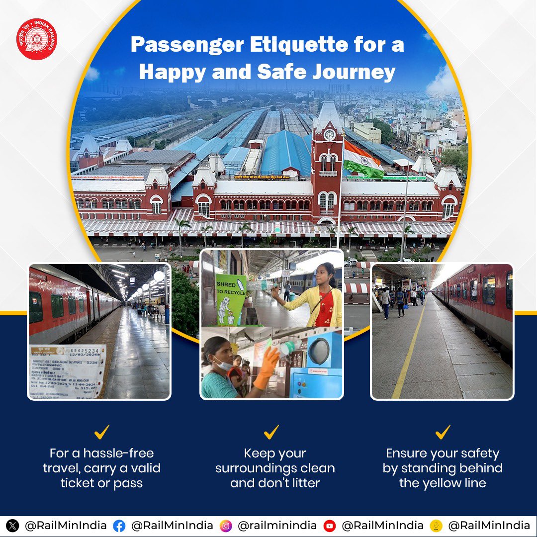 #TravelEtiquette ensures a smooth & #SafeJourney for all! 

🎟️Carry a valid ticket/pass.
🚯Keep your surroundings clean, don't litter. 
🚆Prioritize safety, stand behind the yellow line on the platform. 

#SafetyFirst #RailwaySafety