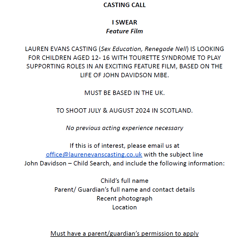 If anyone has children in Scotland with Tourette's or is travelling there in July /August there is a casting call for children based on the life of John Davidson. Email office@laurenevanscasting.co.uk for more information. #CastingCall #Tourettes