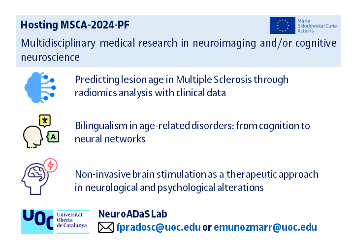 Marco Calabria (@marco_calabria) on Twitter photo 🚀Interested in applying for the #MarieSkłodowskaCurie #Postdoctoral Fellowships? We invite applicants to express their interest in joining the NeuroADaS Lab at <a href="/UOCuniversitat/">UOCuniversitat</a>
👉shorturl.at/jprK2
🗓️30/6/2024 🚀Interested in applying for the #MarieSkłodowskaCurie #Postdoctoral Fellowships? We invite applicants to express their interest in joining the NeuroADaS Lab at <a href="/UOCuniversitat/">UOCuniversitat</a>
👉shorturl.at/jprK2
🗓️30/6/2024