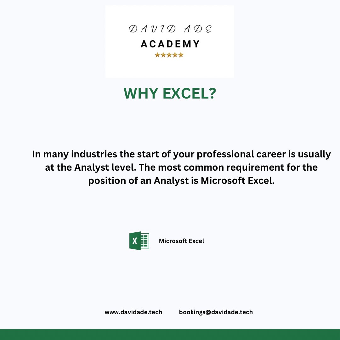 In many industries the start of your professional career is usually at the Analyst level. 
The most common requirement for the position of an Analyst is Microsoft Excel.
#excel #excelforbeginners #microsoftexcel #davidadeacademy #data #dataanalyst  #dataanalysis