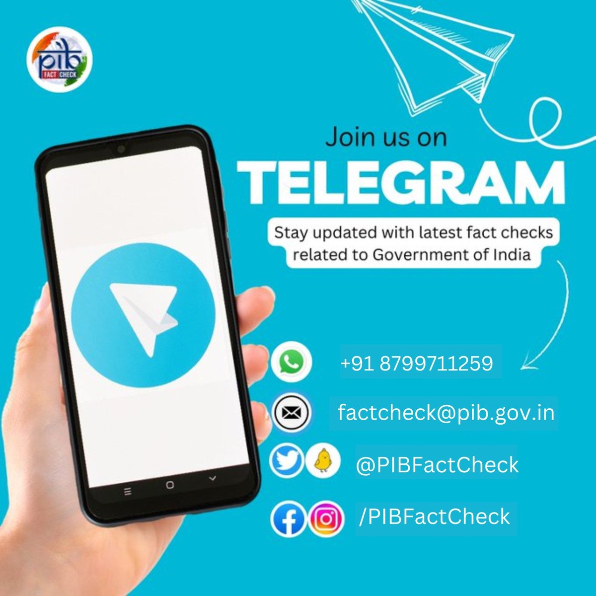 Join hands with #PIBFactCheck to keep #FakeNews at bay! Receive regular fact checks related to the Government of India on our #Telegram channel. Join us now🔽 🔗t.me/PIB_FactCheck