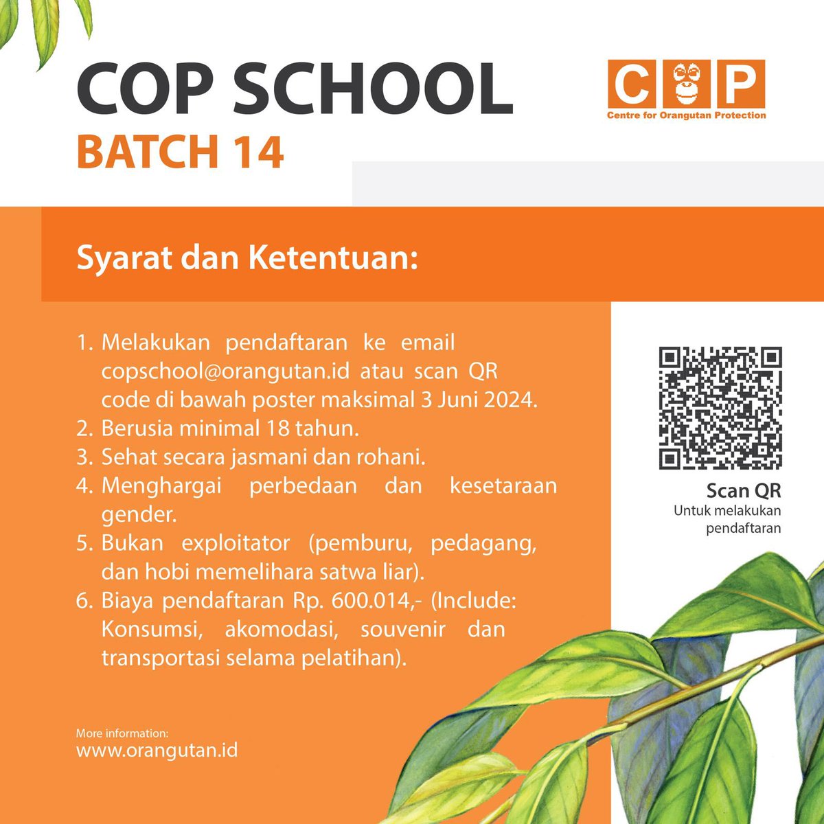 Yuk ikutan COP School Batch 14! Identifikasi peran yang bisa kamu berikan. Kita butuh orangutan. Info lebih lanjut email ke copschool@orangutan.id #copschool14