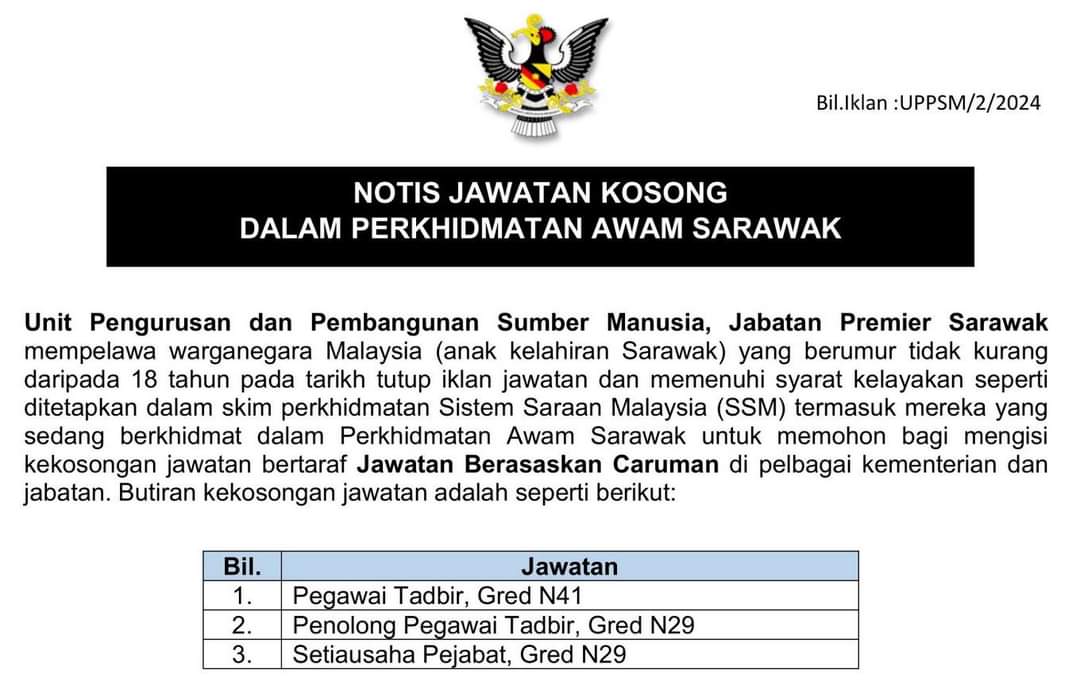 Jabatan Premier Sarawak ada vacancy Pegawai Tadbir N41.

All the best