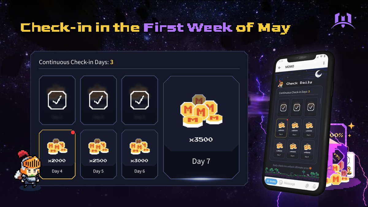 Dive into #MomoAI First-Week Full Check-In Event! 🎮 From April 30th to May 6th, sign in daily for 7 days straight to unlock an exclusive airdrop! Entrance: t.me/MomoAI_bot/app 🎁 Get ready to claim your reward👇 🔸Red card *1 🔸Draw cards *10 🔸Luck 100% cards *10…