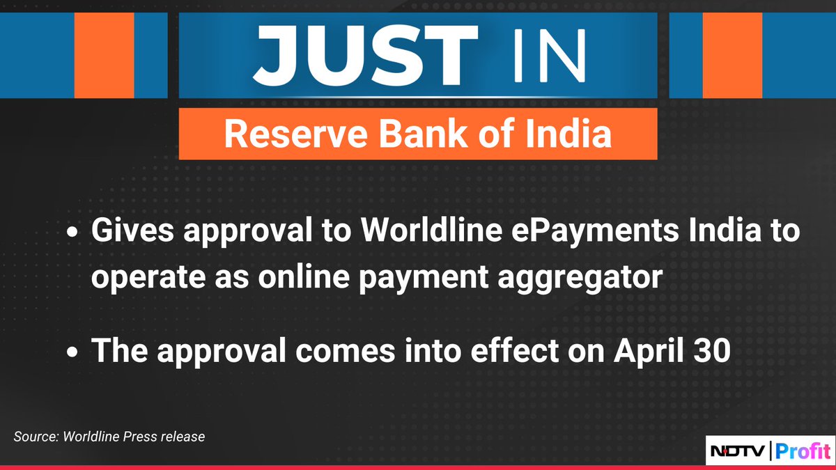 #RBI gives approval to #WorldlineePayments #India to operate as online payment aggregator. For the latest news and updates, visit: ndtvprofit.com