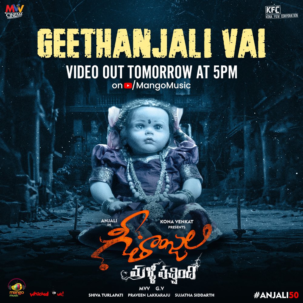 #GeethanjaliVai - Full video of #GeethanjaliMalliVachindhi Theme Song out tomorrow at 5 PM on @MangoMusicLabel!👻🔥 🎤 : #KeertanaSesh ✍️ : #Balaji 🎶 : @Plakkaraju #Anjali50 @yoursanjali @konavenkat99 @MP_MvvOfficial #GV #ShivaTurlapati @Konafilmcorp @MVVCinema_