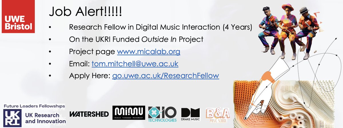 I'm hiring a postdoc in digital music interaction (music HCI) for the UKRI Future Leaders Fellowship 'Sensing Music Interactions from the Outside-In'. Please RT/RX/? Info: ce0164li.webitrent.com/ce0164li_webre… @UWEBristol @mimu_gloves @wshed @Drake_Music @xioTechnologies @BillyAndyMusic