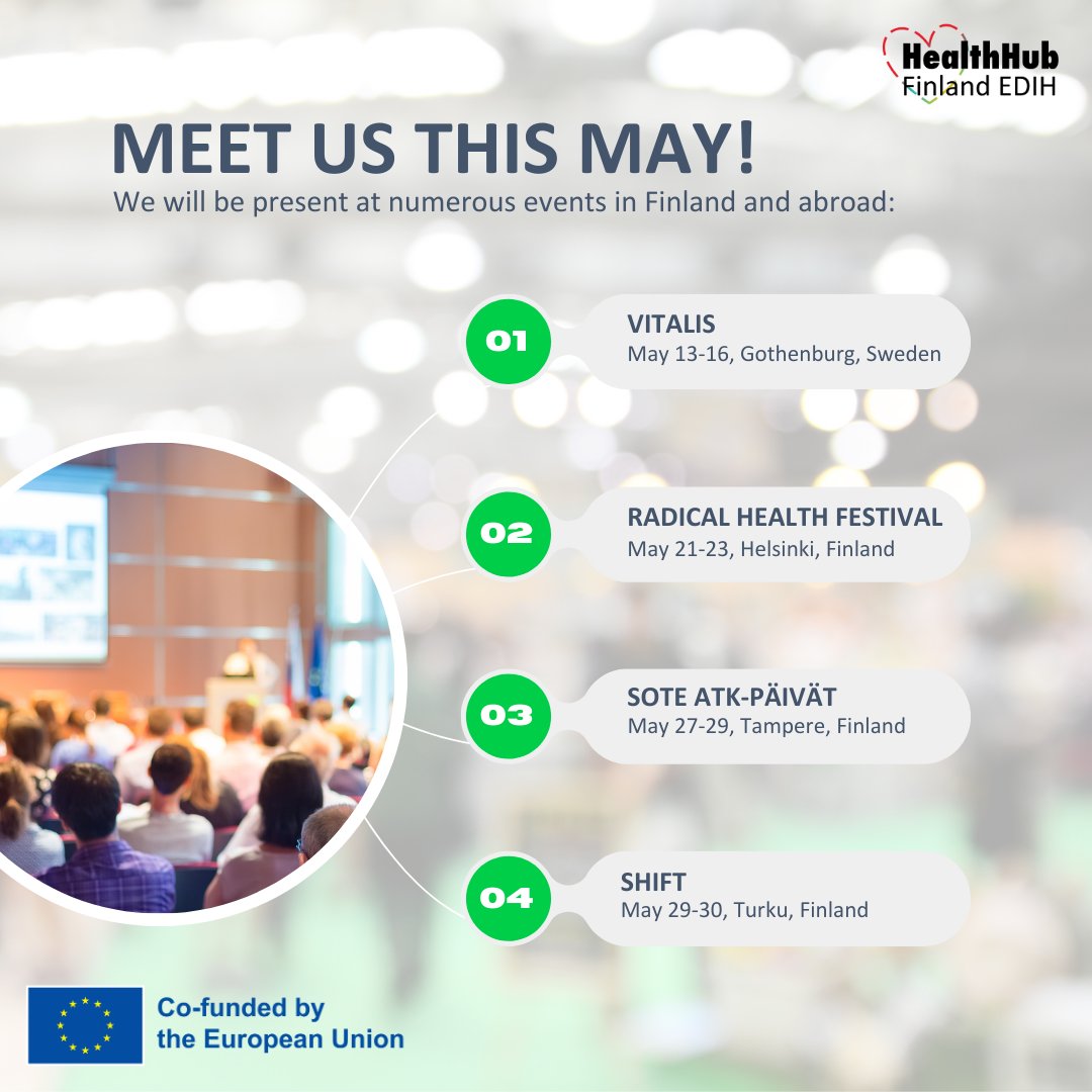 Meet our team at events in Finland and abroad! 

We want to be close to our customers and are therefore joining several exciting events this spring. Browse our events page and join us at an event near you:

healthhubfinland.eu/fi/tapahtumat/

#HealthHubFinland