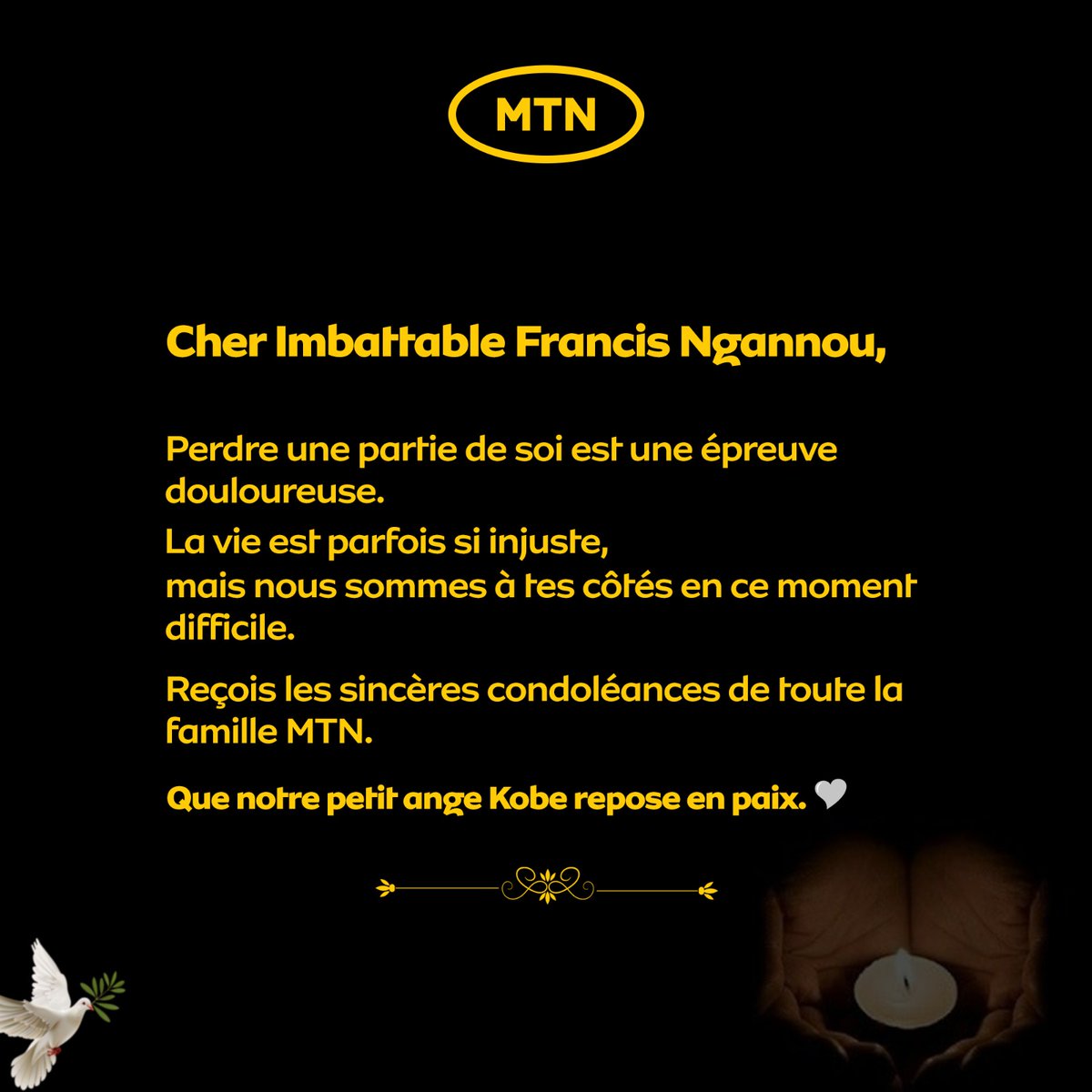 Nos plus sincères condoléances à Francis N'Gannou et sa famille en ce moment douloureux. 🖤 Vous faites partie de notre famille et vous n'êtes pas seuls.