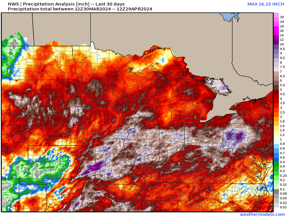 Met_khinz's tweet photo. The last ~30 days across the ag belt has been soaked (outside of the western half of KS).

#ElNino certainly isn't wanting to let go of its influence lightly, that's for sure.

Soil moisture from the surface to ~40" has increased significantly as a whole as well. How are conditions currently where you are? Let me know!

#AGwx #OATT #plant24