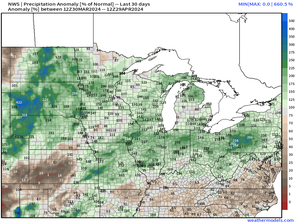 Met_khinz's tweet photo. The last ~30 days across the ag belt has been soaked (outside of the western half of KS).

#ElNino certainly isn't wanting to let go of its influence lightly, that's for sure.

Soil moisture from the surface to ~40" has increased significantly as a whole as well. How are conditions currently where you are? Let me know!

#AGwx #OATT #plant24