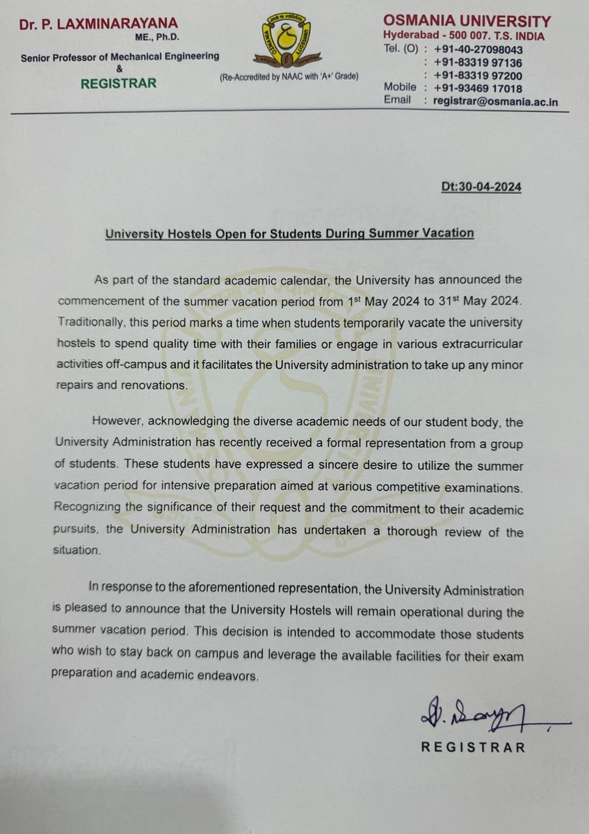 VenkatBalmoor's tweet photo. Notice you posted here was fake. Anna,you are an alumni of the campus. Once verify facts before making false allegations. Shame on you!

And this year, Praja Govt is keeping Osmania University hostels open upon students' requests. There is no summer vacation this year. https://t.co/kCDMgvyVlc