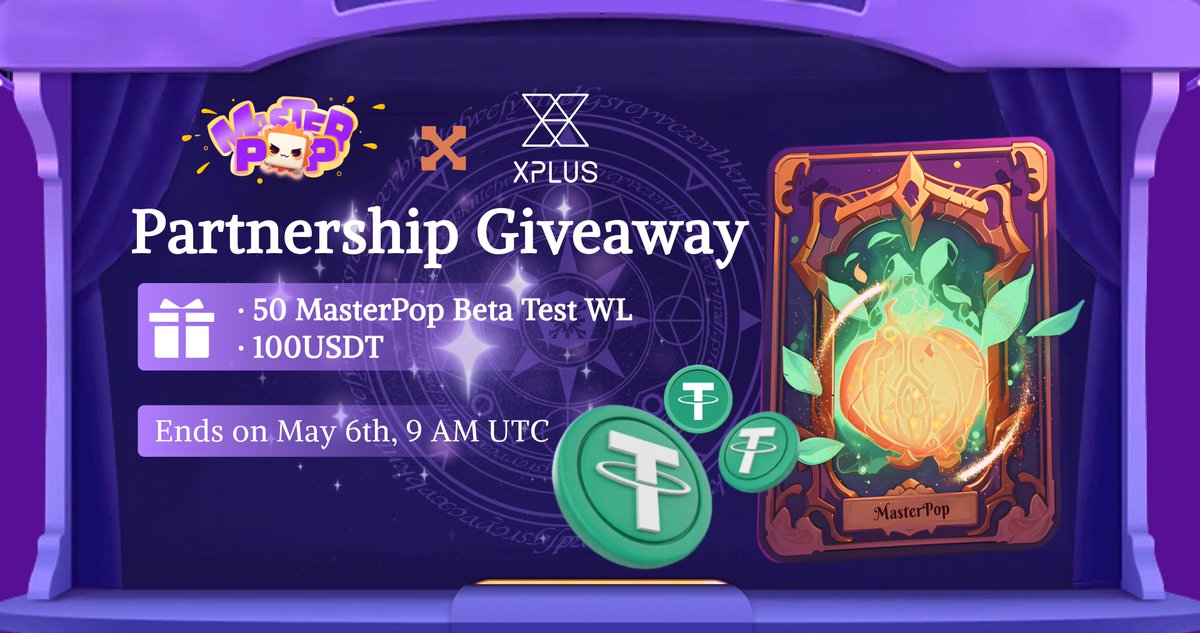 MasterPop & XPLUS @xplusio Partnership Giveaway 🏆: 50 MasterPop Beta Test WL (5000 cMPOP) 100 USDT To enter: Complete the tasks via 👉🏻app.questn.com/quest/89915677… ⏰: ends on May 6th at 9 AM UTC. Don't miss out on your chance to win! 🎁