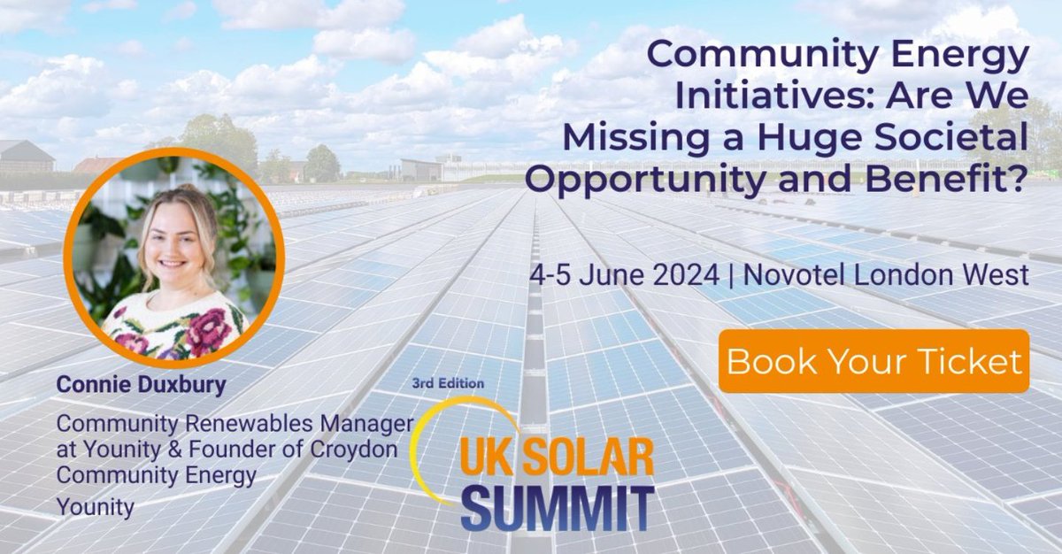 Join us at the UK Solar Summit on 4-5 June, where @ClimateConnie will be talking through community energy initiatives and the social impact they can make ☀️🌍 Book your ticket using discount code SPEAKER20 uss.solarenergyevents.com/tickets/ #UKSS24