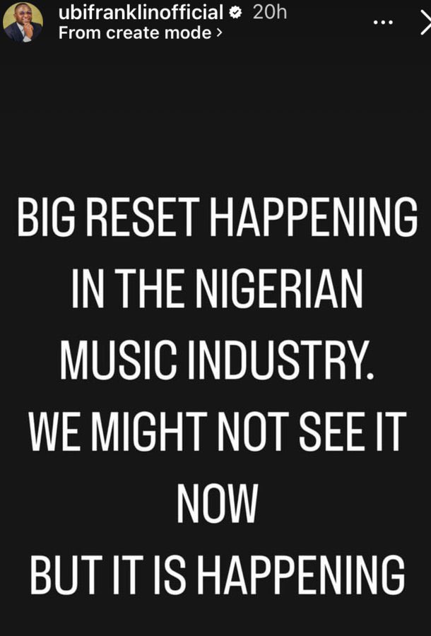 Big reset is going in the music industry - music executive,Ubi Franklin 

Davido and Wizkid Tunde Ednut Toto Gbavido Eko Atlantic Jemima #Fuel Jemima Teni Portable Burna Oniru Pant NNPC Terri morayo Wizkid FC National Assembly #Davido Congratulations Jareed #Donjazzy