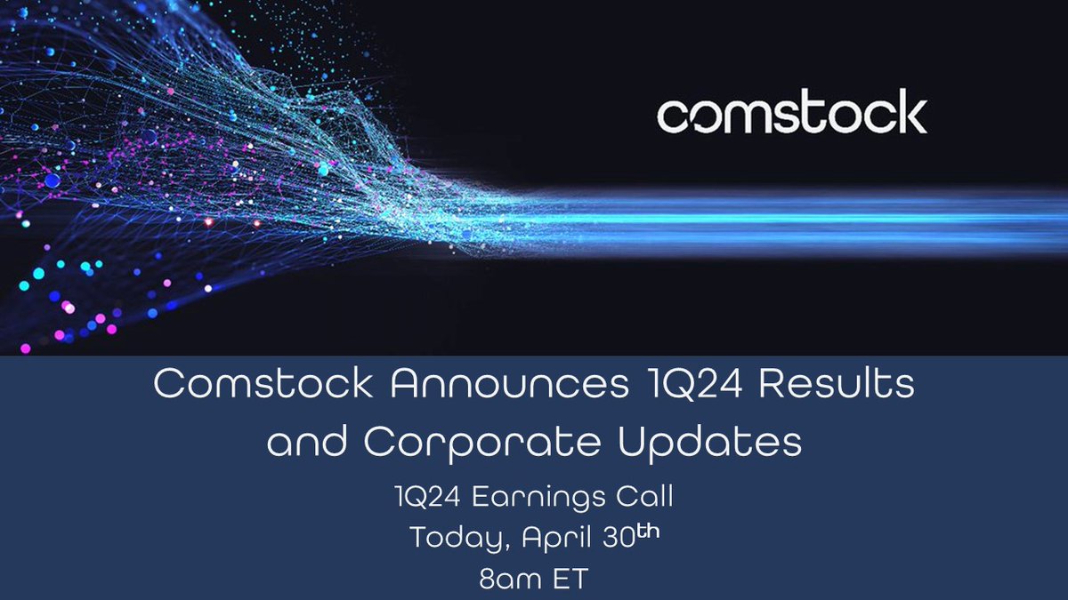 NYSE $LODE @comstockinc - Announces 1Q24 Results and Corporate Updates; Earnings Call Today
Full Announcement / Register Here: bit.ly/4beY8eT

#energytransition #carbonneutral #sustainablemining #solarrecycling #renewablenergy #wastetoenergy #decarbonization