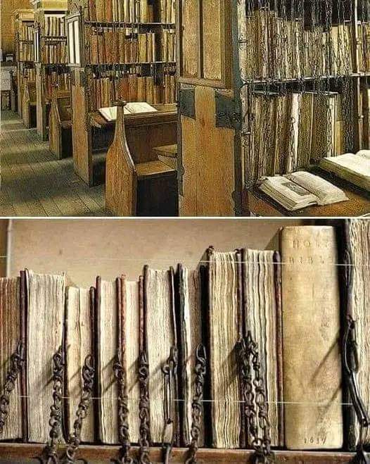 Chained Library of Middle Ages :

The chained library, is a library  where books are attached to their  bookcase by a chain, which is sufficiently long enough to allow books to be taken from their shelves and read, but not removed from library itself. The practice was usual for