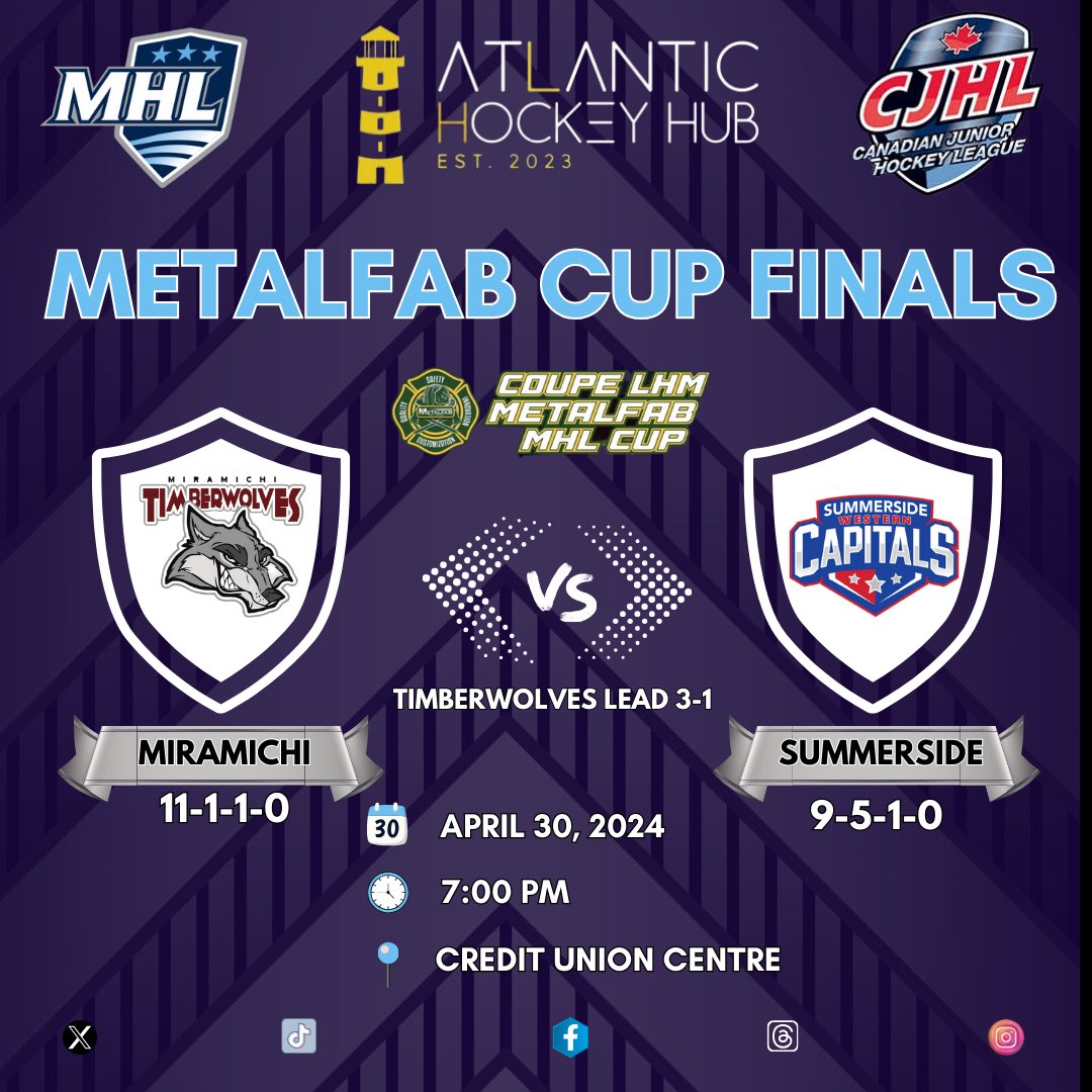 Metalfab MHL Cup Finals Tuesday
Schedule: 

7:00 pm - Miramichi Timberwolves @ Summerside Capitals

Timberwolves Lead Series 3-1 

Elevate your hockey experience with Atlantic Hockey Hub – where stats, scores, and updates come to life! 

#MHL #AtlanticHockeyHub