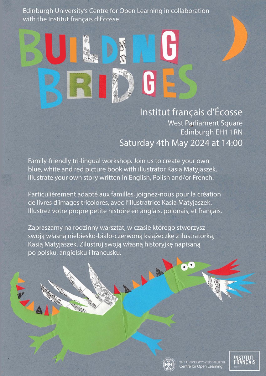 COL are working in collaboration with @ifecosse for the Building Bridges event on Sat 4 May at 2pm. Join us for this family-friendly tri-lingual workshop and create your own blue, white and red picture book with illustrator Kasia Matyjaszek. More info edin.ac/3JFCTqB