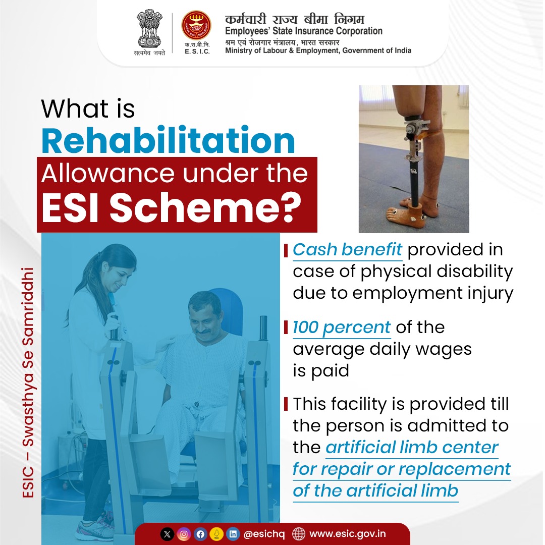 Under the ESI scheme, a number of health and social security benefits are provided to the Insured Workers and their families.

#ESICHq #HealthForAll #RehabilitationAllowance #ESIScheme #RehabilitationAllowance #SupportForRecovery #RehabilitationSupport