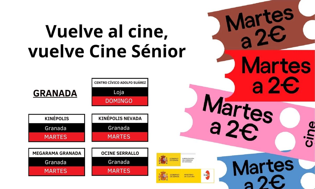 📽 Vuelve el programa #CineSénior con 5 salas adheridas en #Granada. 🎟 A partir de hoy los mayores de 65 años podrán volver a disfrutar del cine a 2 € un día a la semana. ⬆️ La dotación presupuestaria en esta 2° edición aumenta hasta los 12 M€, un 20 % más que en 2023.