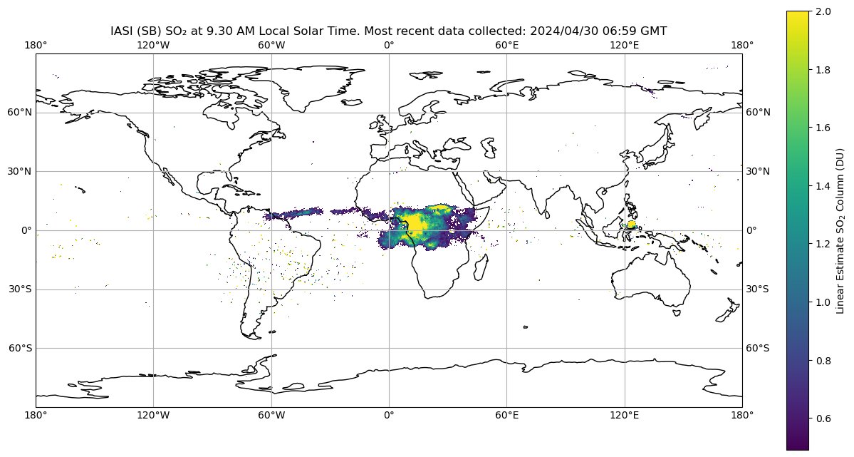 Our IASI linear SO2 retrieval showing clouds from the #Ruang eruptions. The SO2 over Africa is from the eruption on 17th April and the cloud over Indonesia is from an eruption earlier today.