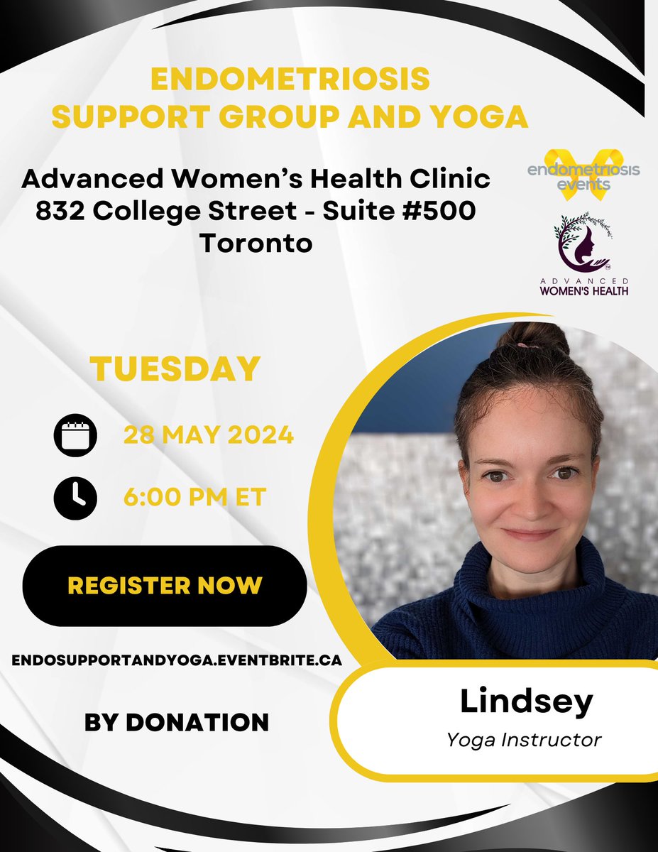 Join us on May 28 @ 6 p.m. for our in-person #endometriosis support group with gentle flow yoga. An intimate evening of conversation and wellness brought to you by @endoevents and #AdvancedWomensHealth #Toronto. Register here: bit.ly/4bd0x9O