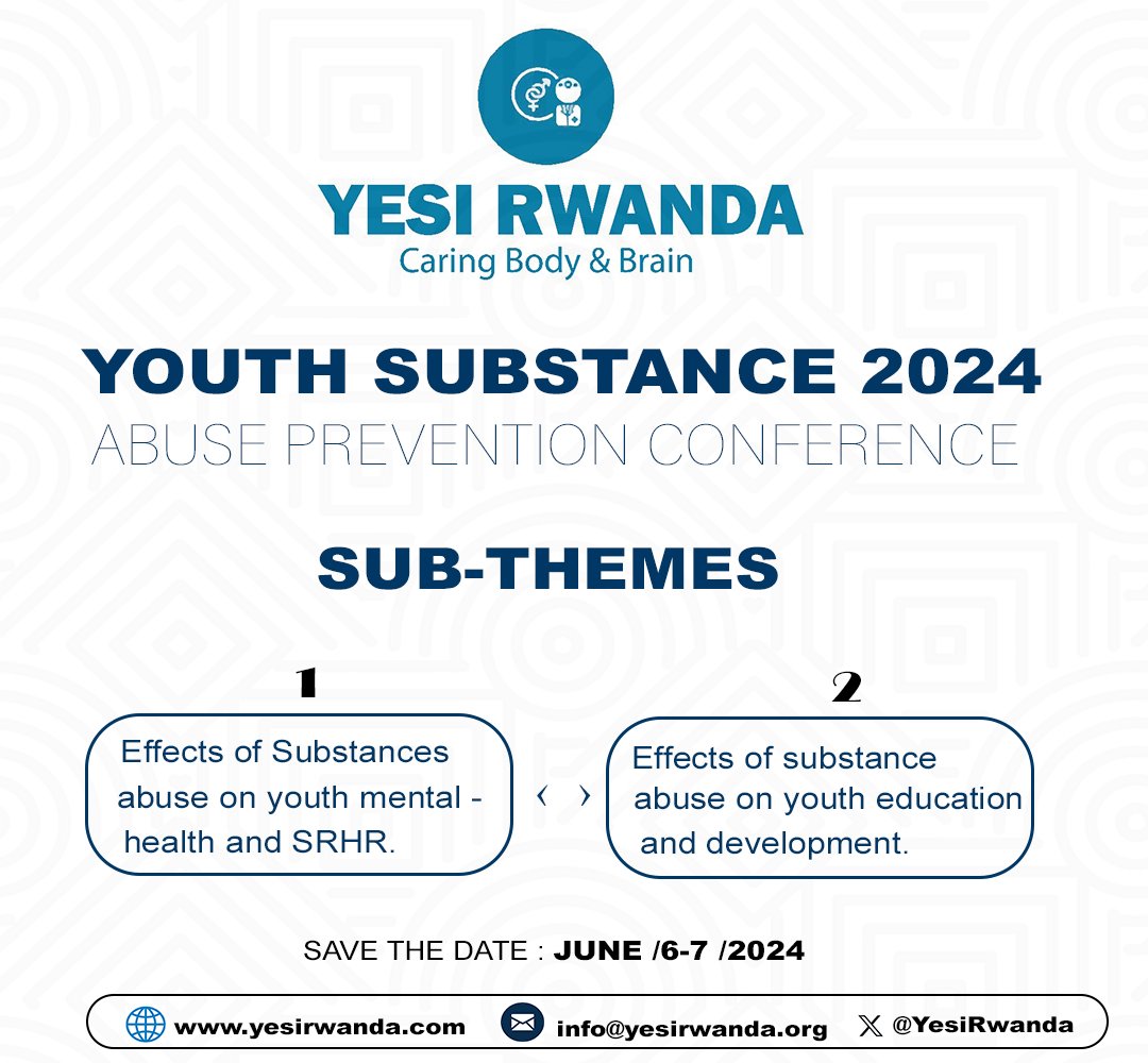 Mark your calendars for the #YouthDrugSubstanceAbusePreventionConference, hosted by #YESIRwanda in @BureraDistrict, Rwanda, on June 7-8, 2024! Your presence & contribution are vital for lasting solutions. Don't miss out!  #ChooseToWin #LiveDrugFree  #HealthyLifestyle
