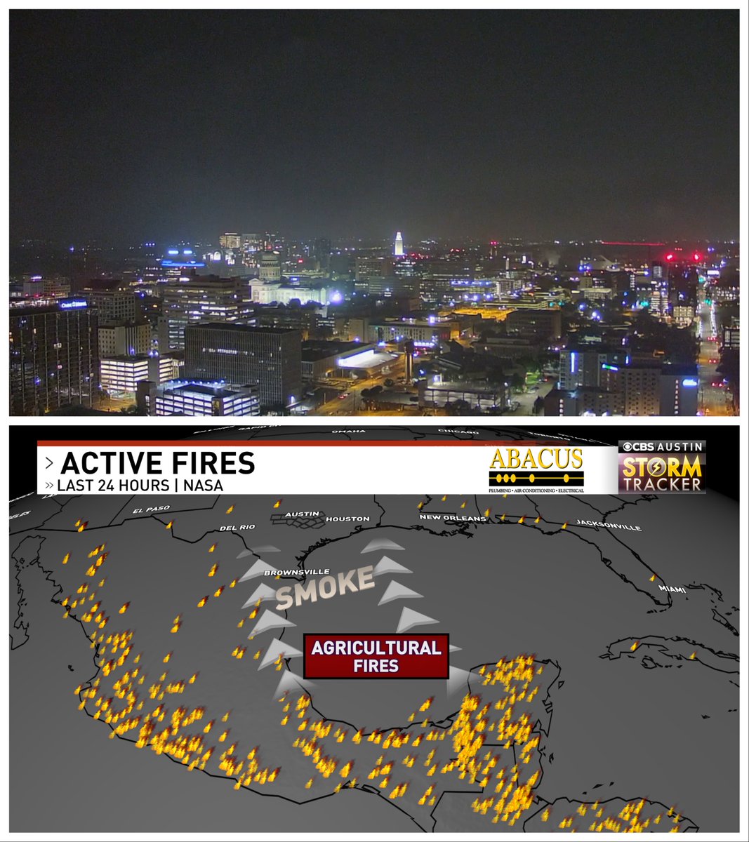 It's looking mighty hazy over downtown Austin this morning... This isn't fog. It's smoke coming from agricultural burning in Central America thanks to the return of a southerly wind. Air quality has dropped into the 'moderate' category #atxwx #txwx