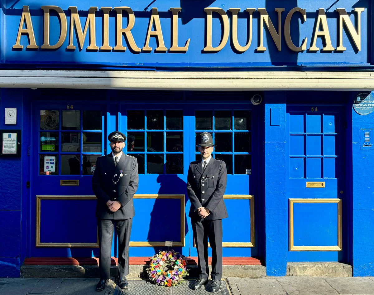 Thanks to the @metpoliceuk who laid a wreath outside the Admiral Duncan this morning to mark the 25th anniversary of the nail bomb attack that killed three people here and injured many more. We appreciate you standing with us and all those affected by these awful attacks today.