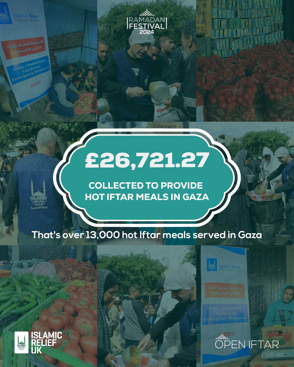 Thanks to your generosity, we raised £26,721.27 during Ramadan to support @IslamicReliefUK's campaign, providing over 13,000 hot #Iftar meals in #Gaza. Your donations are making a real difference. Thank you! #RamadanTentProject #OpenIftar
