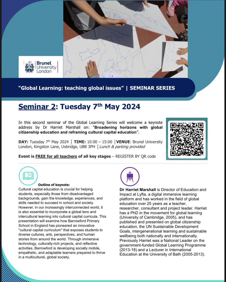 Find out more about this seminar’s keynote address by Dr Harriet Marshall @ham1 Our own Professor @KateHoskins10 will also coordinate a workshop with teachers #GCE #ESD #PD #ProfessionalDevelopment #teacher #TEACHculture @EducationBrunel @BrunelResearch @Bruneluni @CBASS_Research
