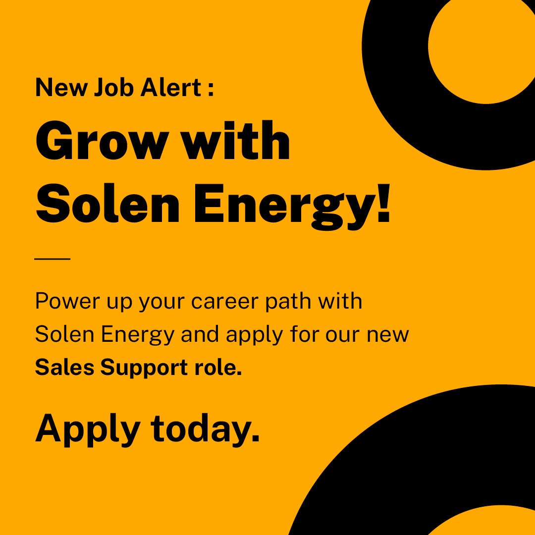🌟 New Opportunity: Sales Support Role Open! 🌟 Solen Energy is seeking a dedicated Sales Support professional to join our team. Apply now and be part of our growth journey! rb.gy/vot3fe #SalesSupport #CareerOpportunity #JoinOurTeam