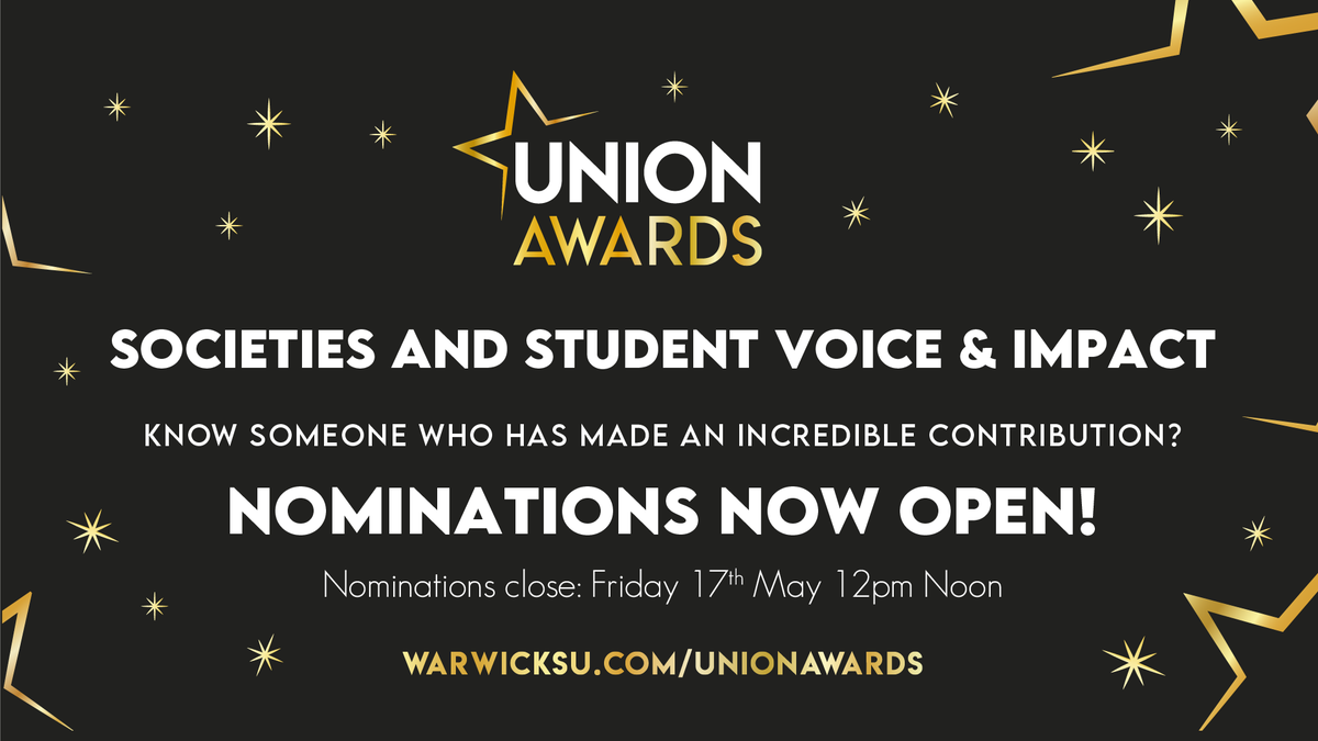 The Societies and Student Voice & Impact Awards nominations are now open! 🏆 Who do you think deserves recognition this year for all their amazing work? Discover more and nominate here 👉 bit.ly/2PEsZNu Nominations close on Friday 17th May at 12pm noon ⏰