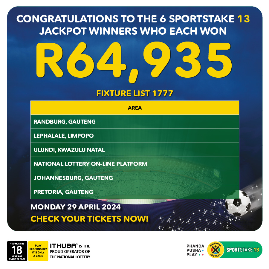CONGRATULATIONS to the 6 lucky #SPORTSTAKE13 #IzinjaZeGame who SCORED R64,935.80 each from the 29/04/24 draw! PLAY #SPORTSTAKE13 Fixture List 1778 on nationallottery.co.za for an estimated R180,000 jackpot & YOU could #BeInjaYeGame!