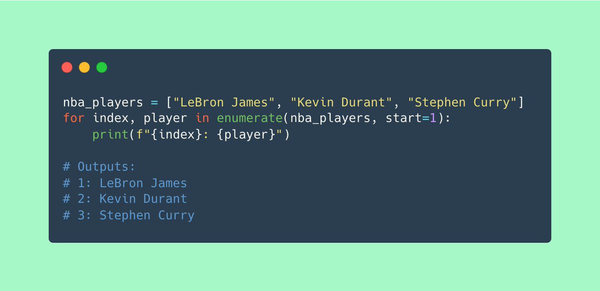 #Python's enumerate() built-in function is perfect for iteration with indexing.

Forget about manually incrementing indexes; with enumerate(), you can start the index at any number using the (optional) 'start' keyword. 😍

No more index += 1, use enumerate()!